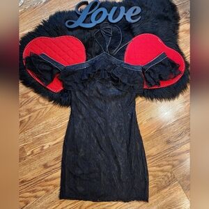 BEBE Sexy All Over Lace and Silver Trim Mini Halter Dress with Sleeves Size M